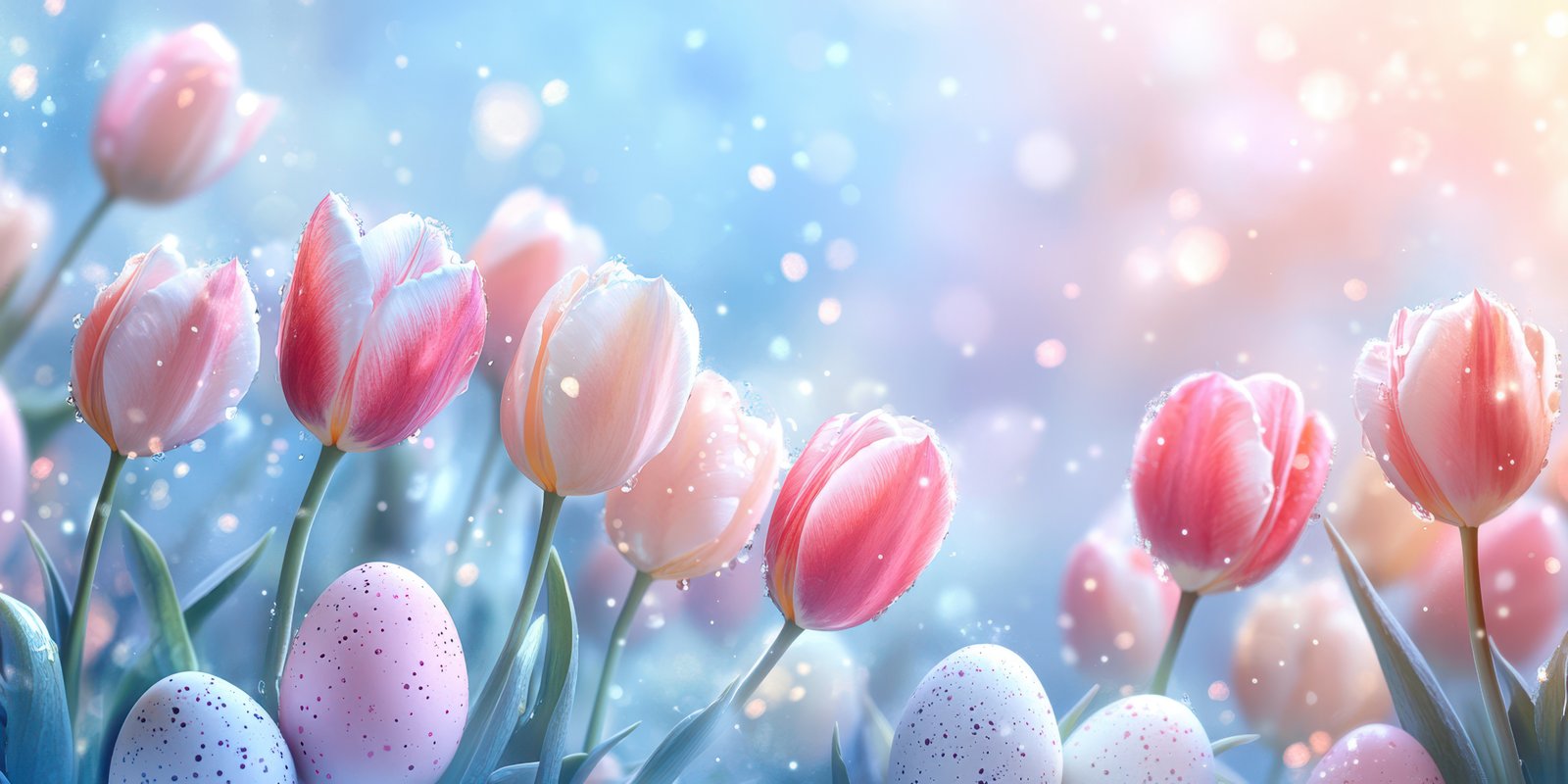 Colorful tulips and decorative eggs create a joyful atmosphere in a spring garden